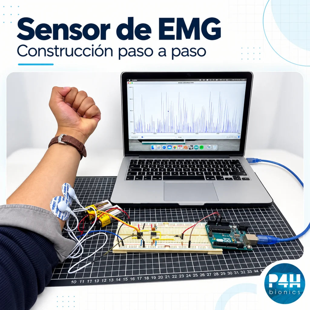 Sensor de EMG con electrodos, circuito en protoboard, Arduino y visualización de la señal muscular