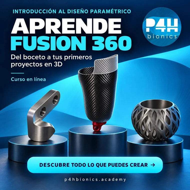 Galería de piezas mecánicas, formas curvas y un modelo biónico del curso de Fusion 360
