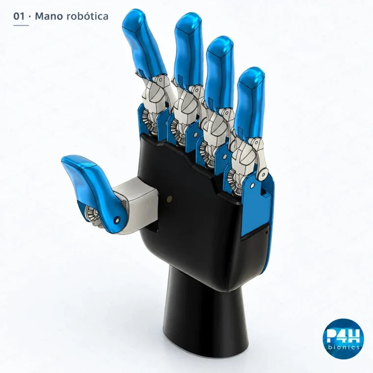 Mano robótica de dedos azules con sus mecanismos y servomotores
